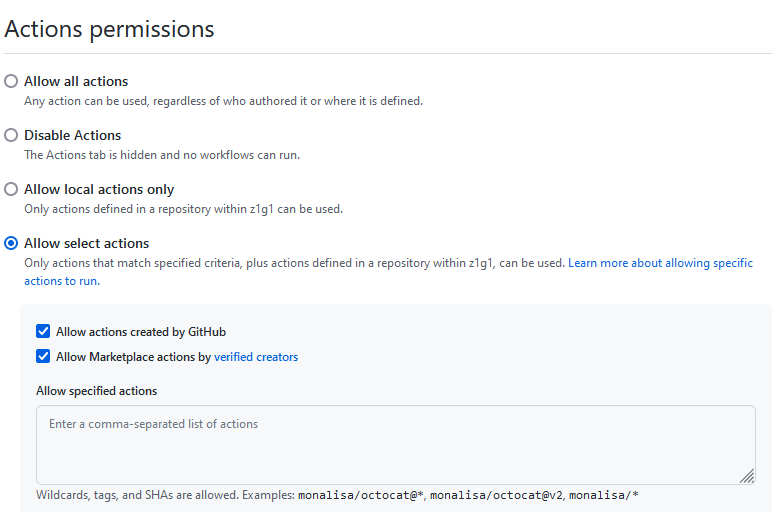 Screenshot of github actions permissions