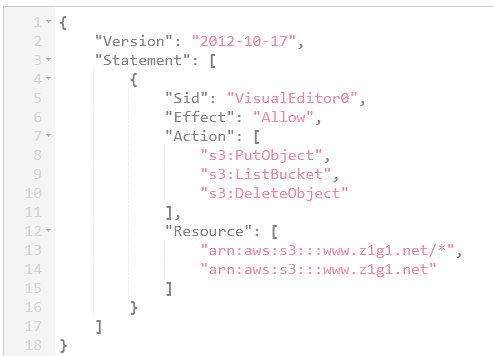 Screenshot of json file with bucket policy