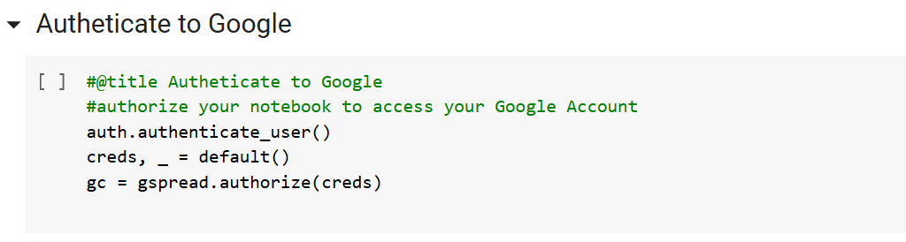 code cell showing using gspread authentication