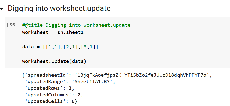 a code cell passing a list of lists to gspread